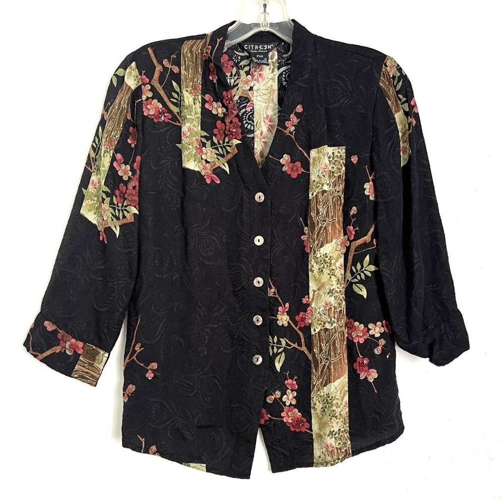 Citron Size XS Petite 100% Silk Blouse Embroidered Beaded Black Floral Jacquard